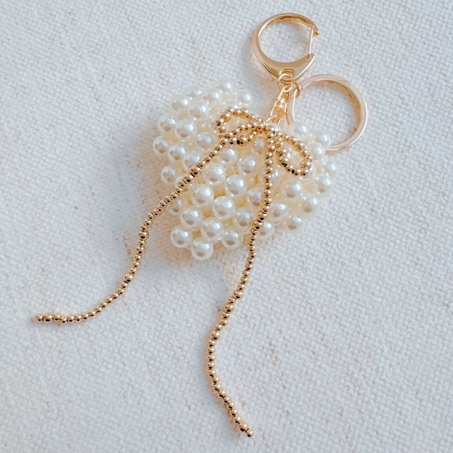 Knitted Pearl Heart and Gold Bow Bag Charm