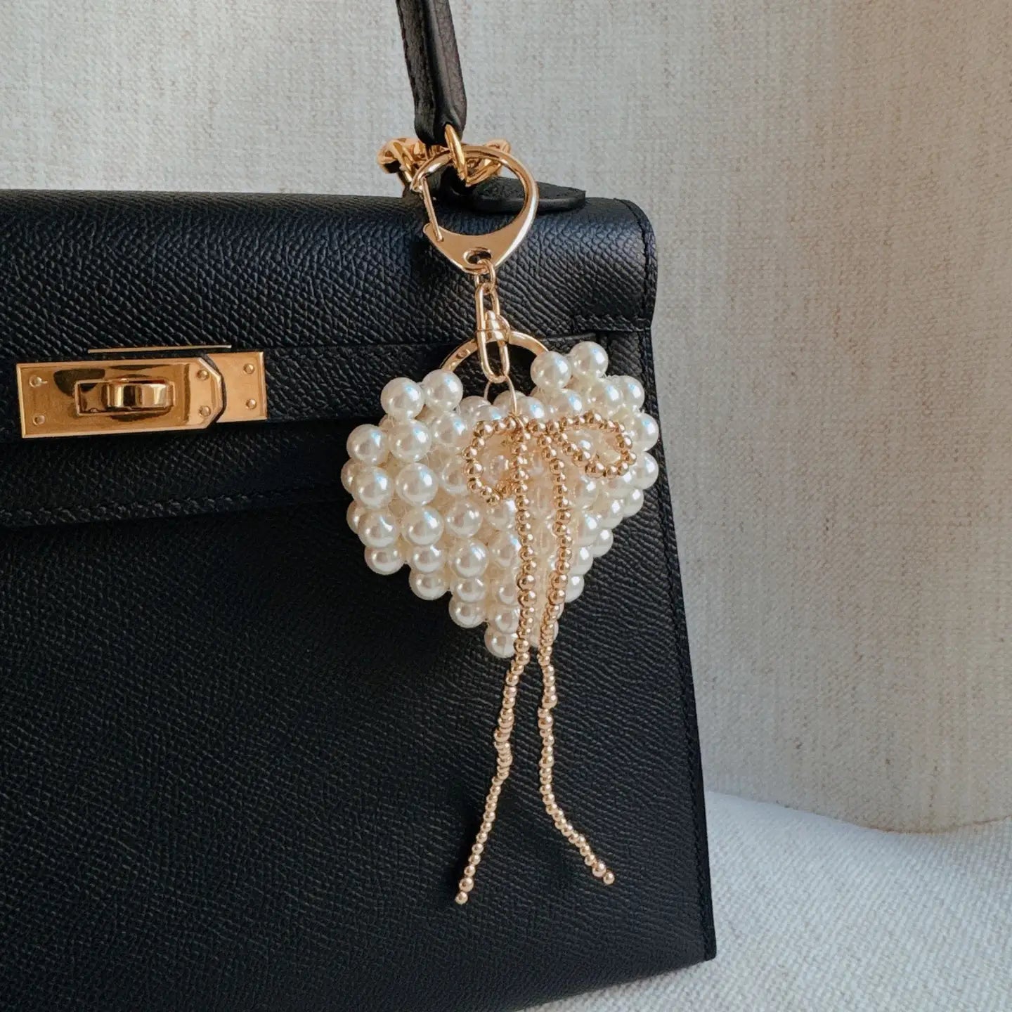 Knitted Pearl Heart and Gold Bow Bag Charm