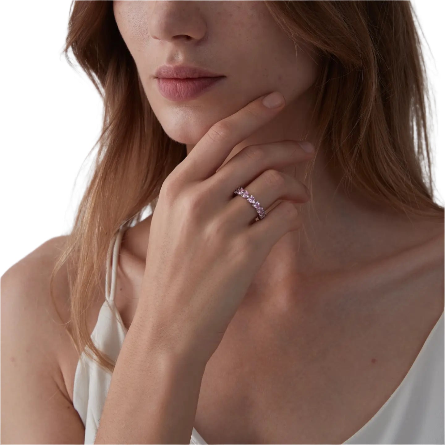 Pink Heart Sterling Silver Eternity Band