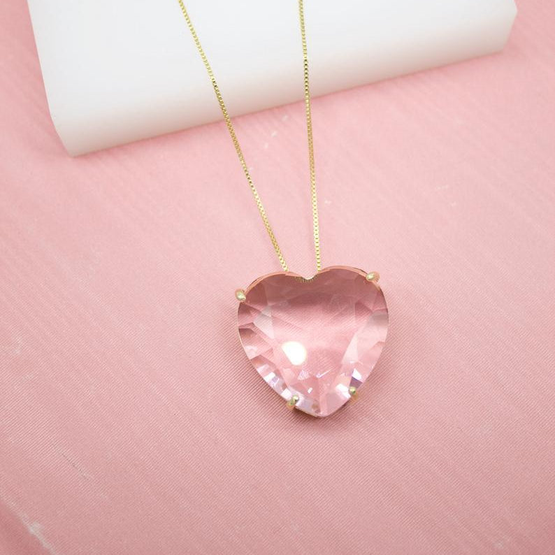 Natural Gemstone Heart Necklace- Pink