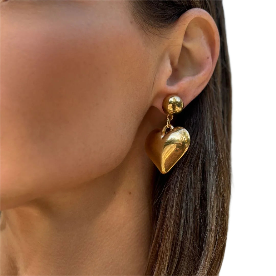 Gold Puffy Heart Drop Earrings
