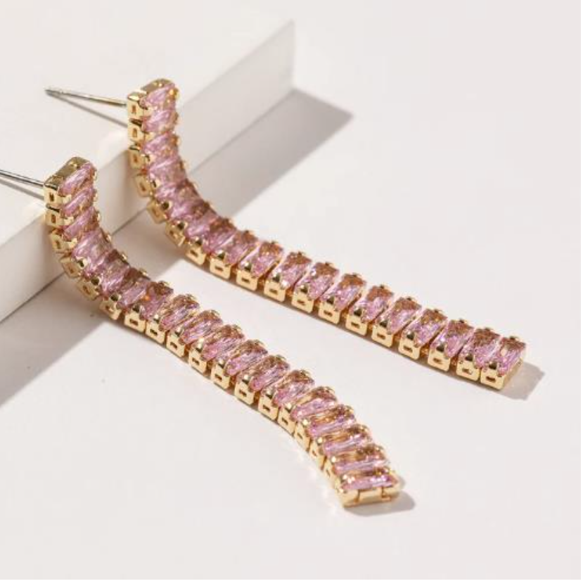 Crystal Baguette Stacked Earrings- Pink