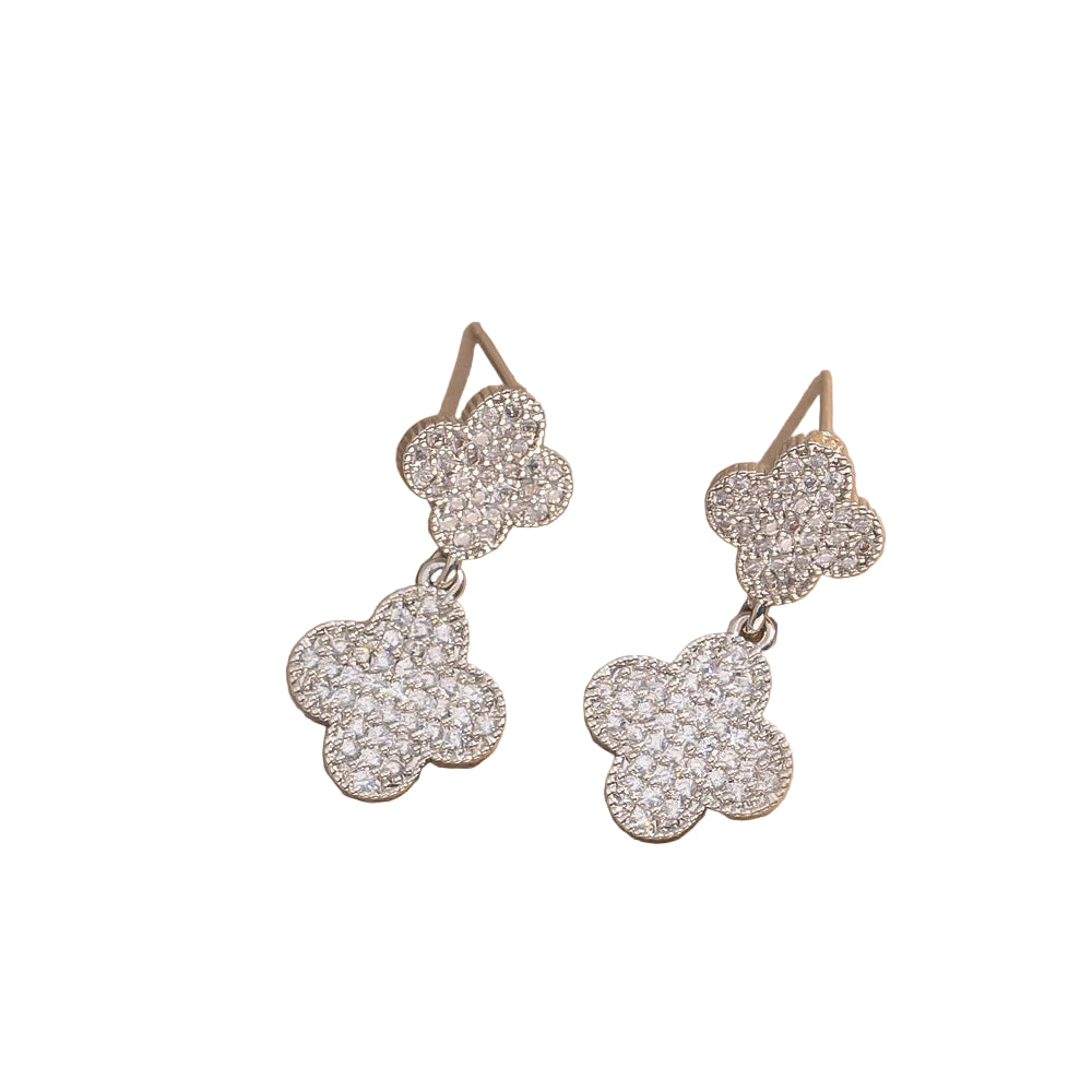 Silver Pave Double Clover Drop Earrings