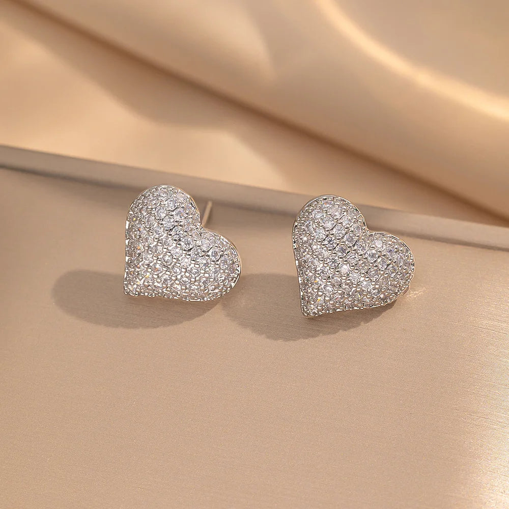 Silver Pave Heart Stud Earrings