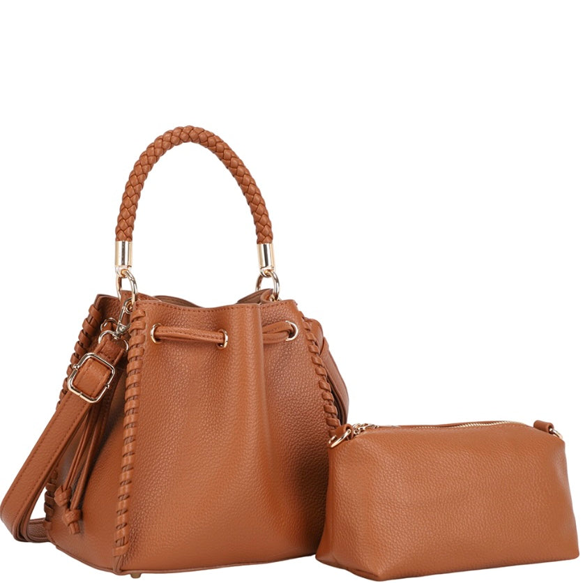 Satchel Bag with Zipper Pouch Set- Cognac
