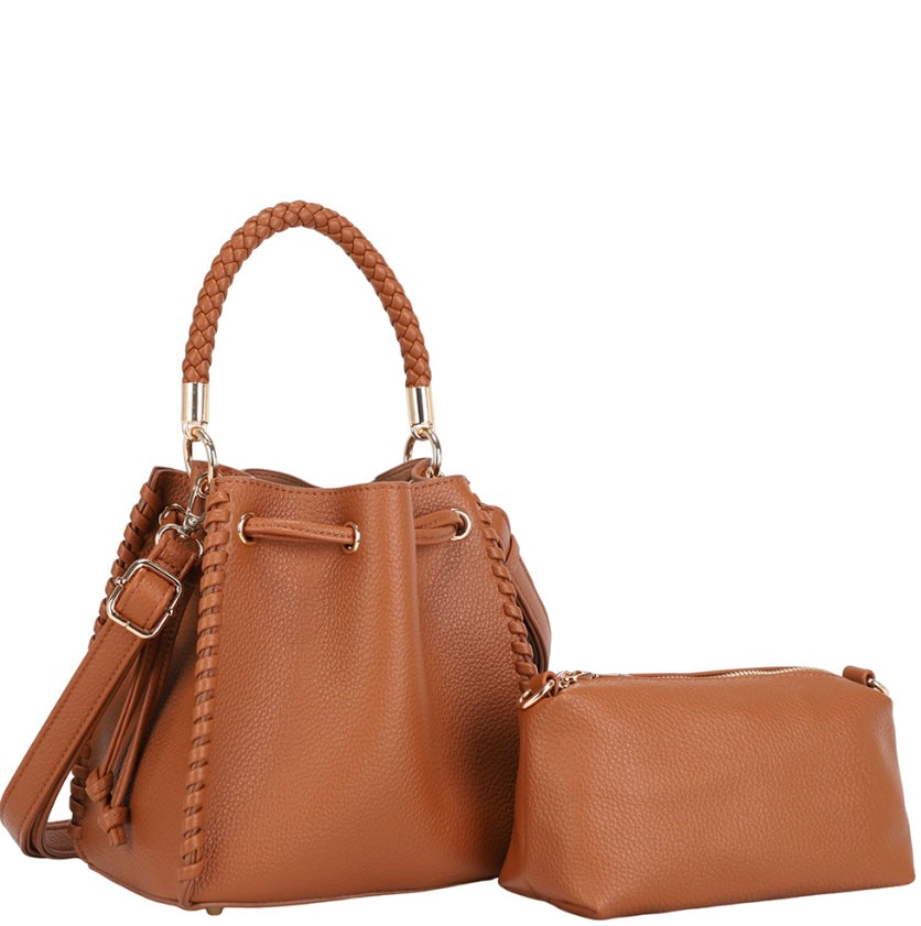 Satchel Bag with Zipper Pouch Set- Cognac
