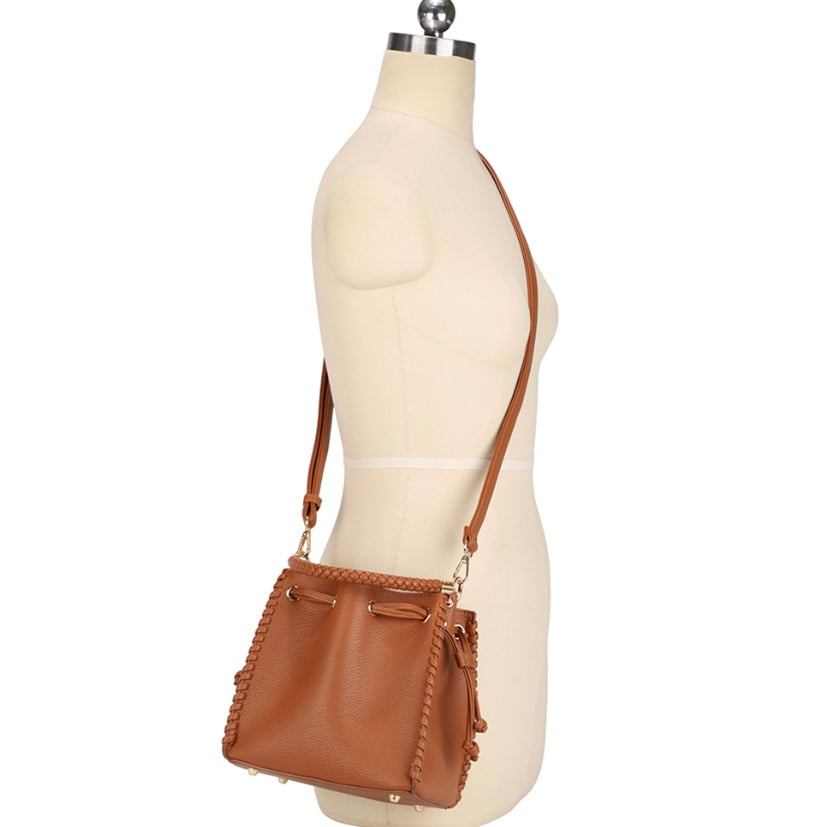 Satchel Bag with Zipper Pouch Set- Cognac