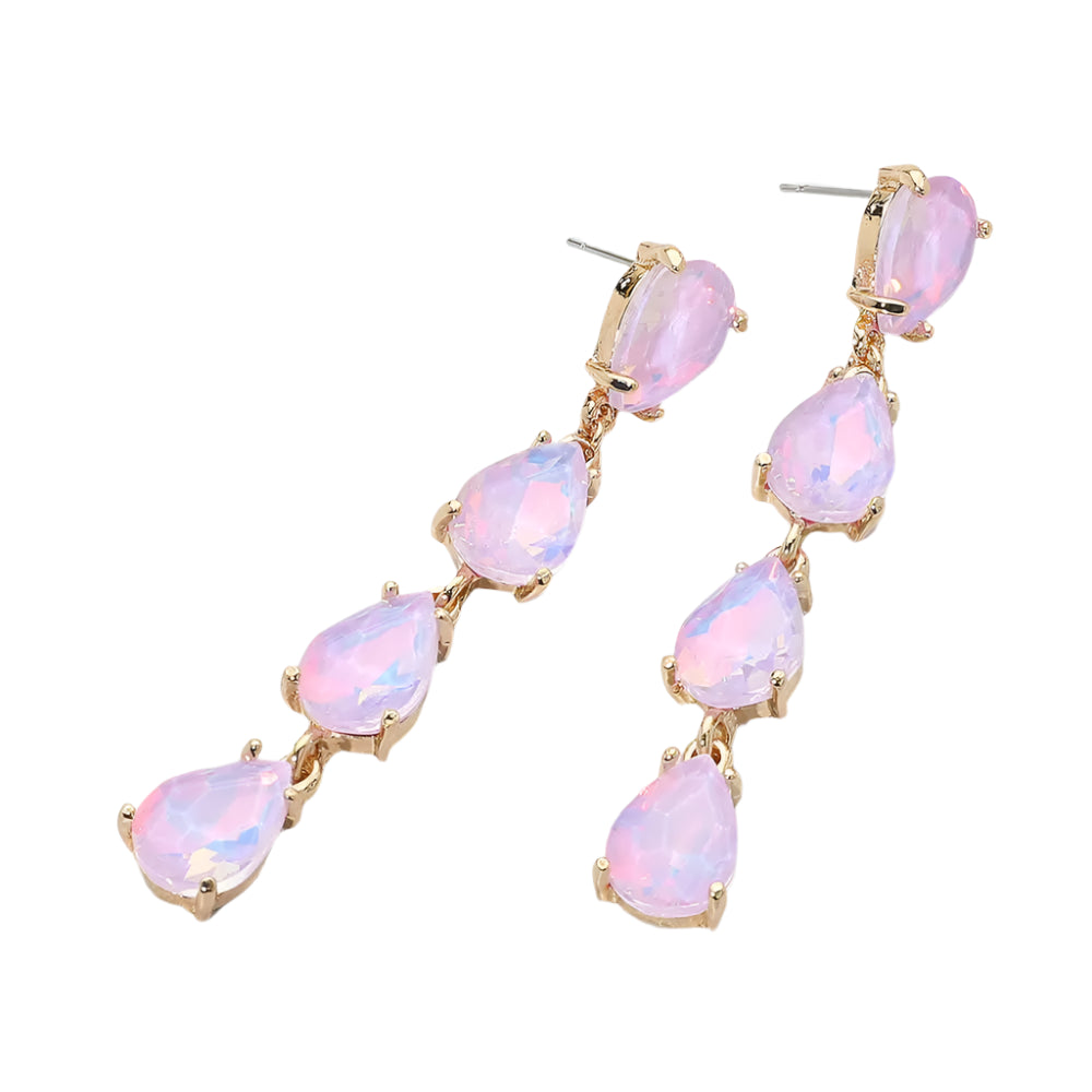Stacked Teardrop Crystal Earrings- Opal Pink