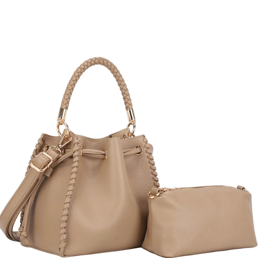 Satchel Bag with Zipper Pouch Set- Taupe