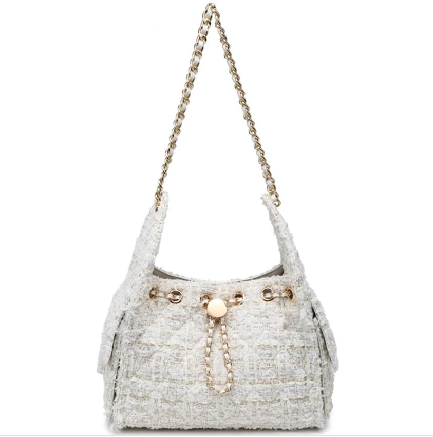 Tweed Drawstring Shoulder Bag