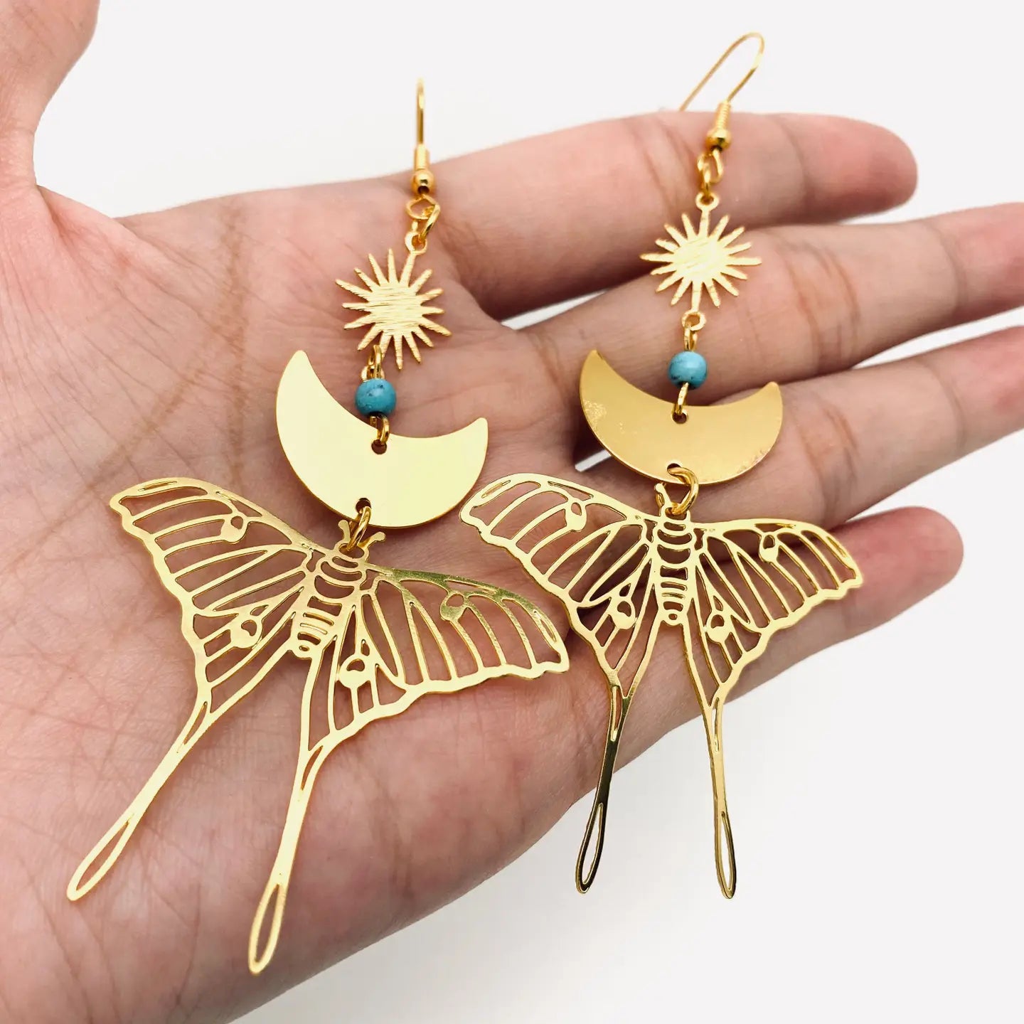 Bohemian Moon & Star Moth Earrings- Turquoise