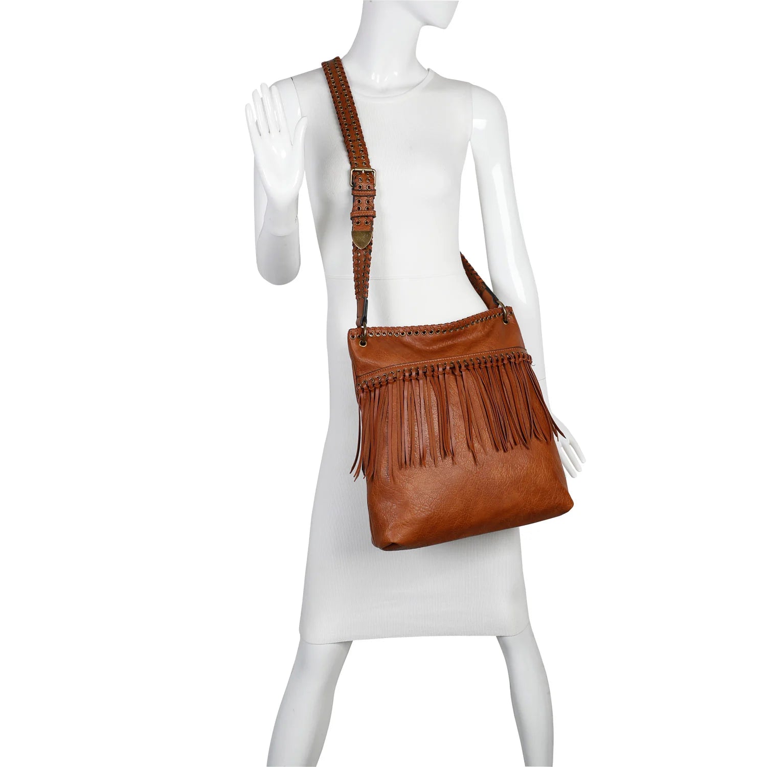 Large Vegan Fringe Bag- Cognac
