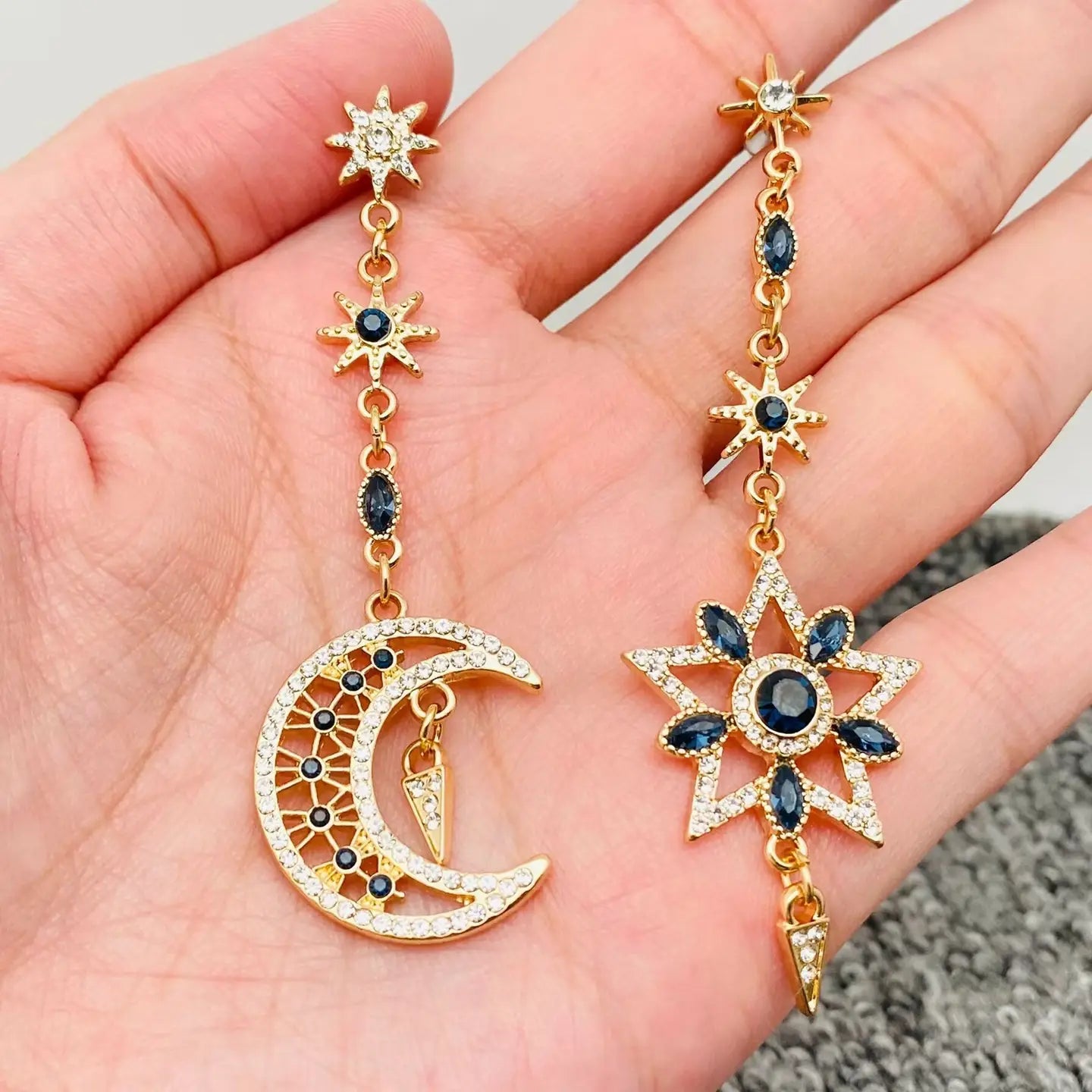 Navy & Gold Moon and Star Earrings