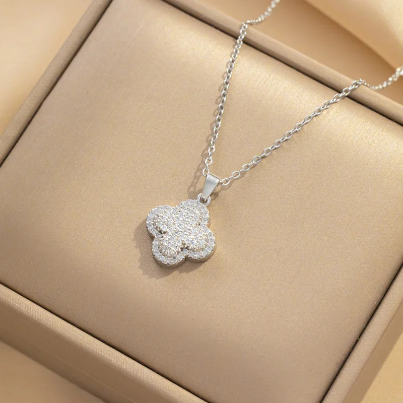 Silver Pave Clover Necklace